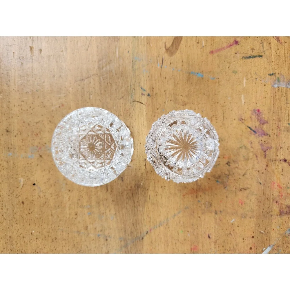 Set of 2 Vintage Clear Cut Glass Open Salt Cellars Trinket Dish
